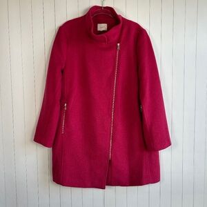 LOFT size XL long moto coat pink fuchsia asymmetrical zip wool blend mock neck